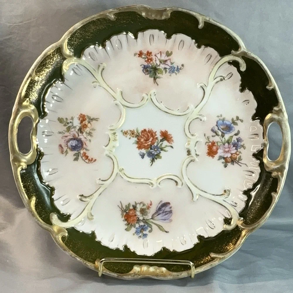 Antique Victorian Handled Cake Plate Pattern 930 Forest Green Stipple Gilt 10.5